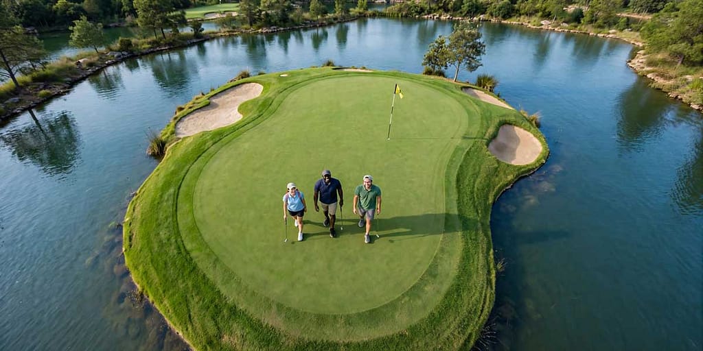 High Overhead Golfers leaving a par 3 green
