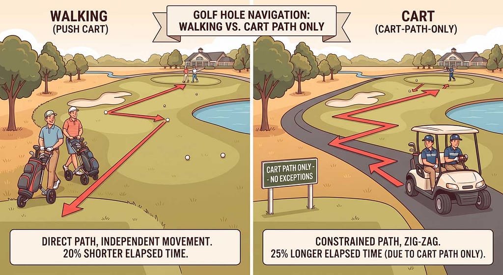 2 golfers navigating a typical golf hole walking compared with 2 golfers in a cart with a cart-path-only rule in place.