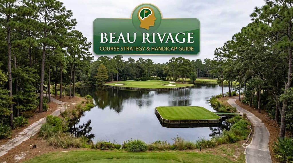 Eye-level view across the lake to the signature 4th hole peninsula green at Beau Rivage Golf Course, featuring a floating grass tee box and a Golf Course Intel strategy guide badge.