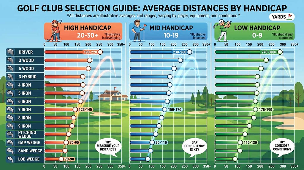 Infographic titled Club Distance by Handicap Level showing average full-swing yardages