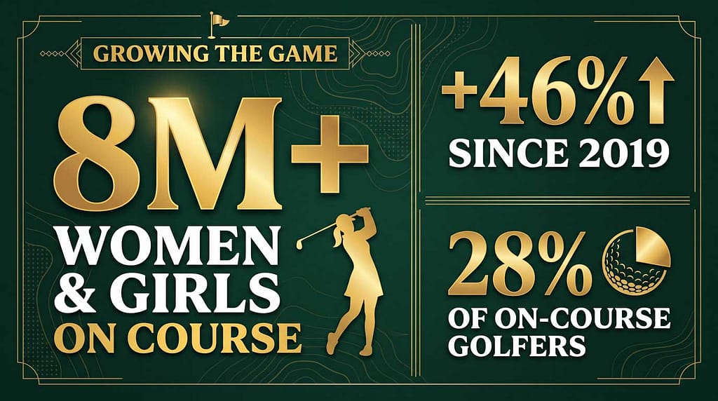 Infographic showing more than 8 million women golfers playing on courses, up 46% since 2019
