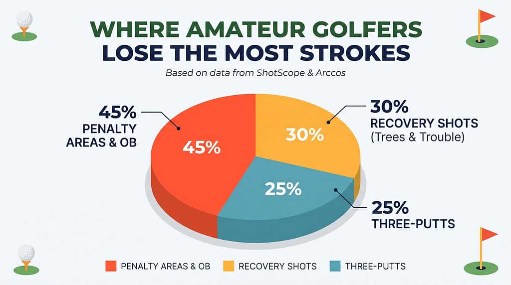 Pie chart showing where amateur golfers lose strokes: 45% penalty areas and OB, 30% recovery shots, 25% three-putts