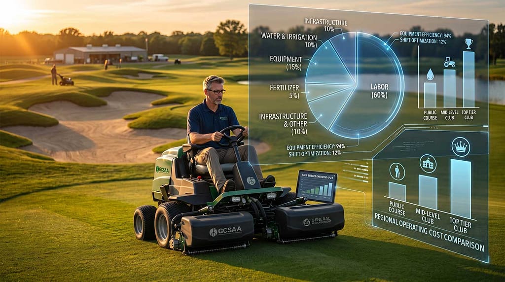 Golf Course Greenkeeper riding a mower with charts showing the costs breakdown