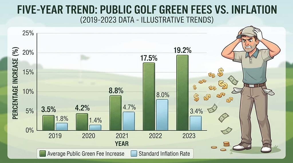Chart showing a frustrated golfer standing beside a graph showing the increase in public golf costs over a five year period