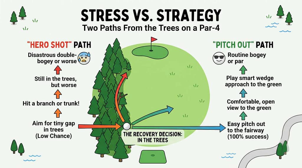 Diagram comparing a hero shot through trees leading to double bogey against pitching out to the fairway for bogey or par