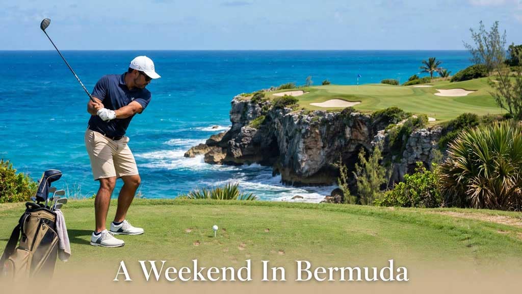 Golfer teeing off on the cliffside 16th hole at Port Royal Golf Course in Bermuda.