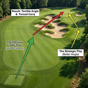 A strategic illustration of a golf hole showing a wide fairway with a prominent landing zone on the left. A large sand bunker and grassy mounds block the direct path to the green from that location, forcing a difficult angle and carry. A narrower route along the right side of the fairway shows a clearer path to the green.