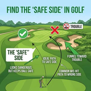 a split pathway: one side leading to obvious trouble (bunkers) and the other toward an unobvious safe landing zone.
