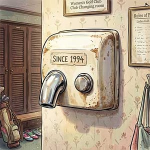 Cartoon of an outdated hand dryer in a golf clubhouse changing room