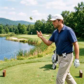 Golfer tossing grass into the air to determine wind direction