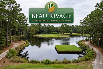 Eye-level view across the lake to the signature 4th hole peninsula green at Beau Rivage Golf Course, featuring a floating grass tee box and a Golf Course Intel strategy guide badge.