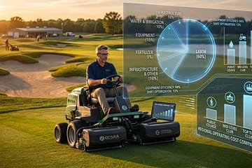 Golf Course Greenkeeper riding a mower with charts showing the costs breakdown