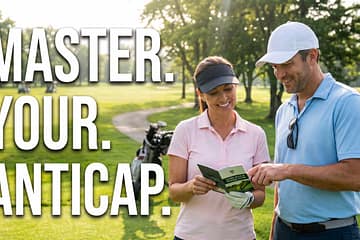 Golfers studying a strategy guide while waiting on the tee box of a beautiful golf course
